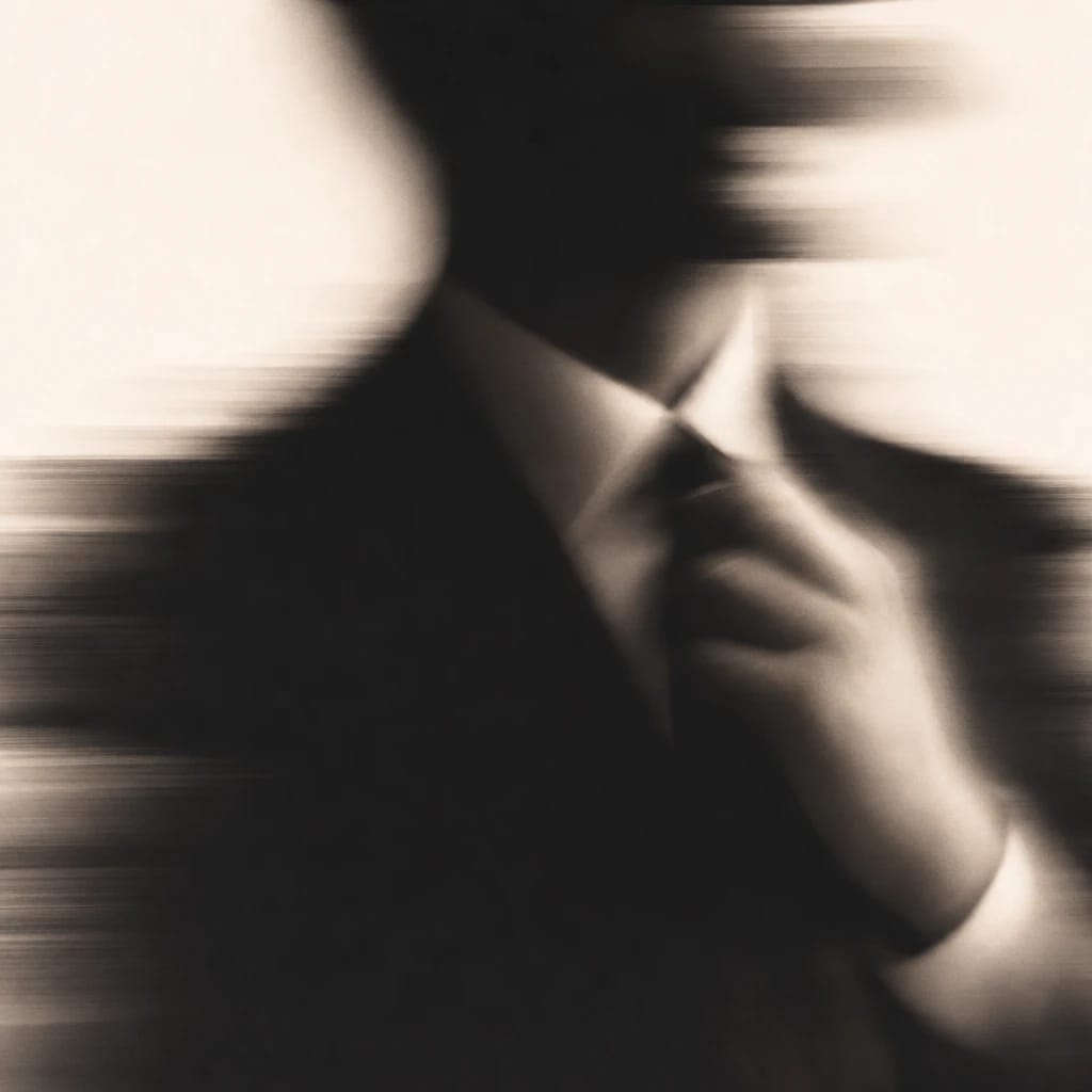 Stylized scene featuring sharp-suited businessman adjusting tie, rendered in off-white, deep green