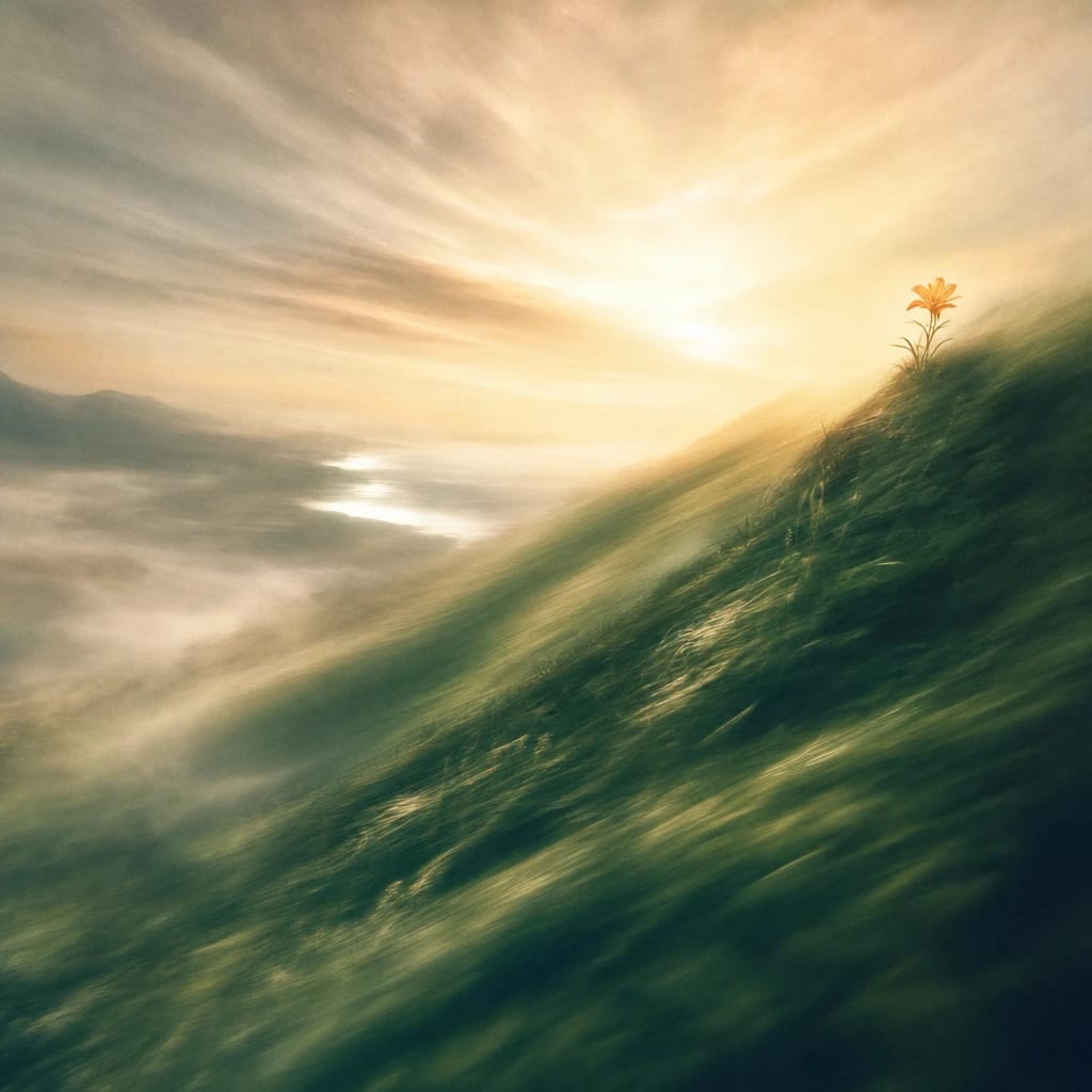 Stylized scene featuring a majestic mountain slope crowned with a single glowing orange lily in a sweeping field of deep green grass, sunlight breaking through morning mist, rendered in deep forest green, off-white, and warm orange