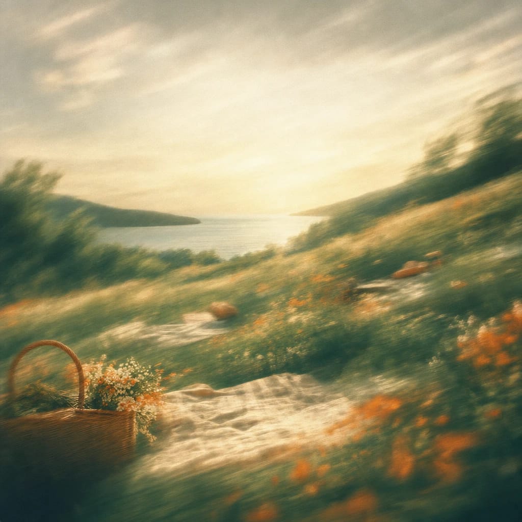 Stylized scene featuring a sun-dappled hillside dotted with vibrant wildflowers and picnic blankets, with a festive picnic basket in the foreground, rendered in deep forest green, off-white, and warm orange