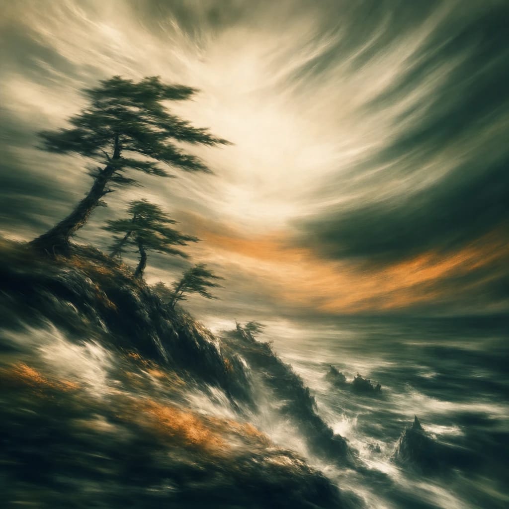 Stylized scene featuring twisting, wind-bent pine trees on a jagged cliff edge under a dramatic, storm-dark sky, rendered in deep forest green, off-white, and warm orange