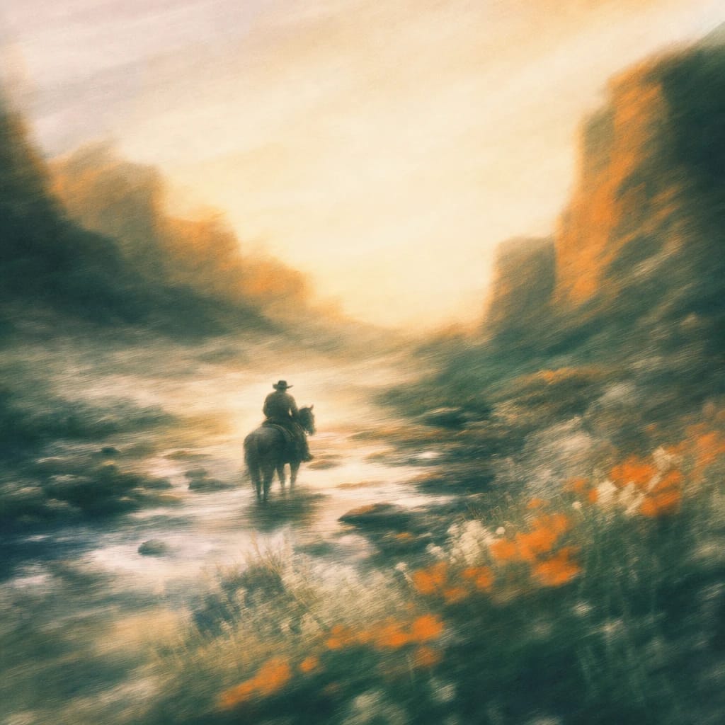 Stylized scene featuring a lone cowboy on horseback traversing a sunlit canyon floor with rugged rock formations and sparse desert wildflowers, rendered in deep forest green, off-white, and warm orange
