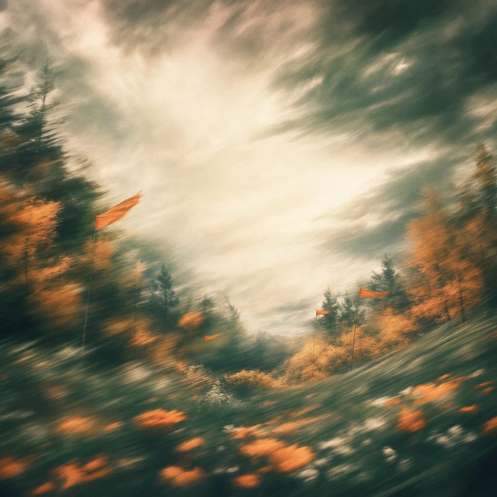 Stylized scene featuring rolling storm clouds over sunlit autumn woodland, with orange warning flags fluttering among the trees, rendered in deep forest green, off-white, and warm orange