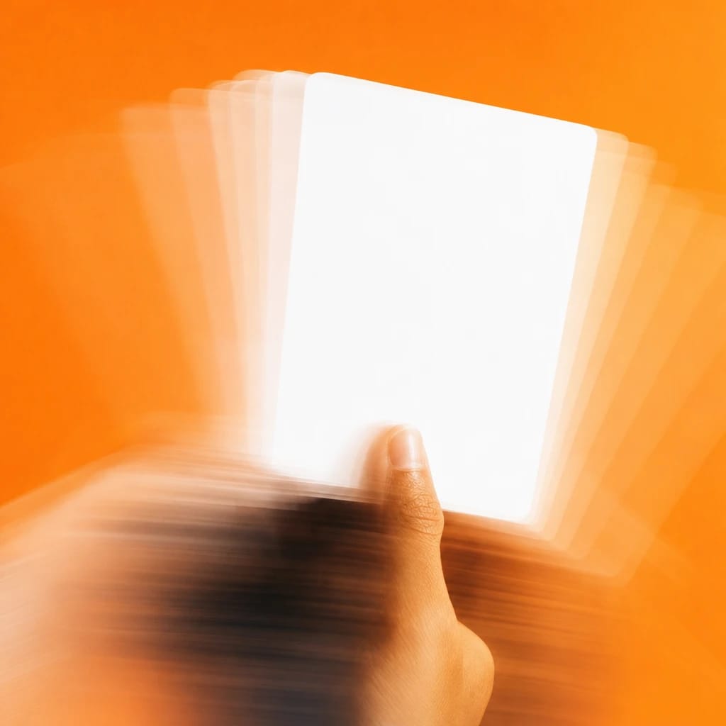 Stylized scene featuring cue cards held up under bright studio lights, rendered in off-white and blue