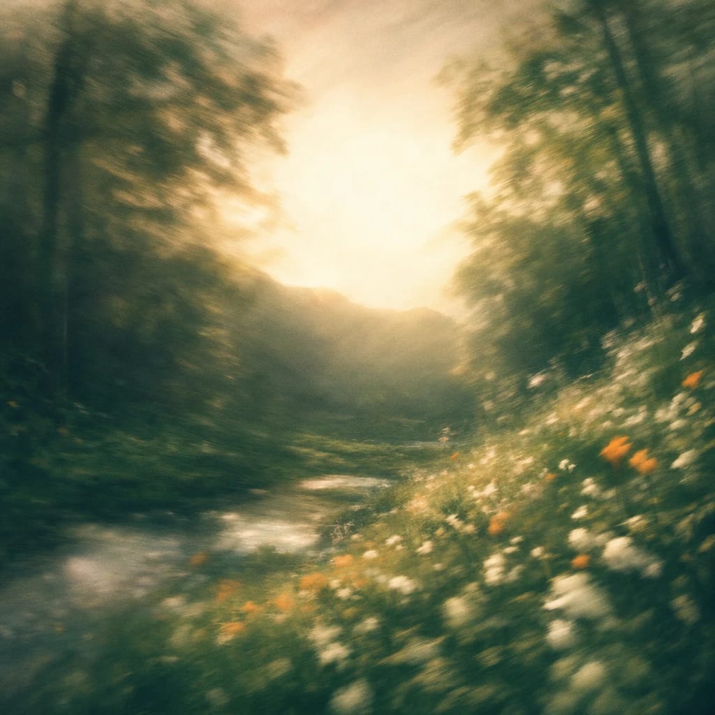 Stylized scene featuring a sunlit forest clearing with dappled light on lush moss and wildflowers, rendered in deep forest green, off-white, and warm orange