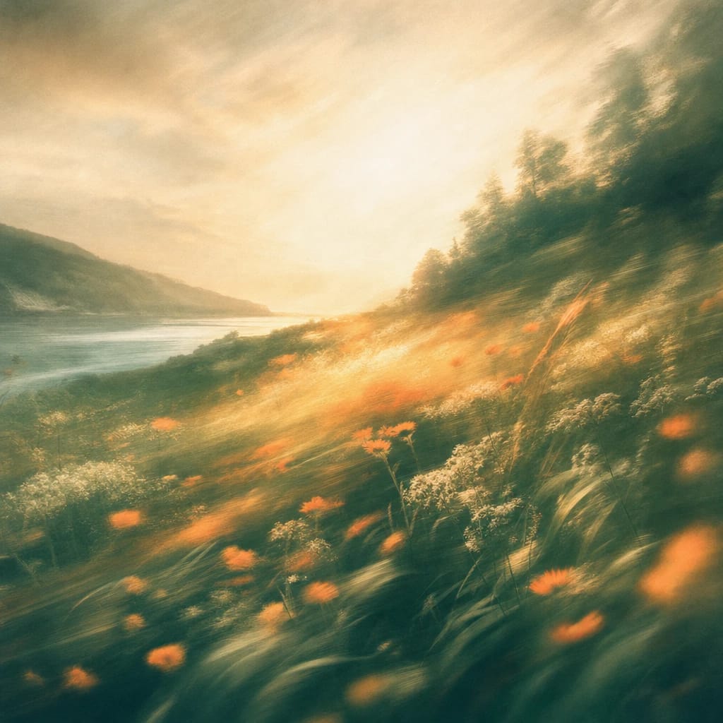 Stylized scene featuring sun-dappled wildflower meadow with vibrant blooms and gently curving grass blades, rendered in deep forest green, off-white, and warm orange