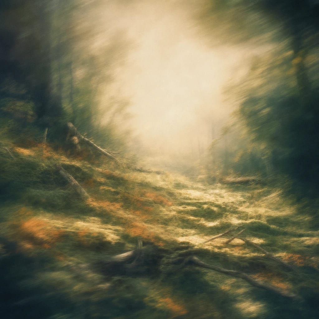 Stylized scene featuring a weathered forest clearing with sparse, fallen branches and patches of moss, gently lit by shafts of broken sunlight, rendered in deep forest green, off-white, and warm orange