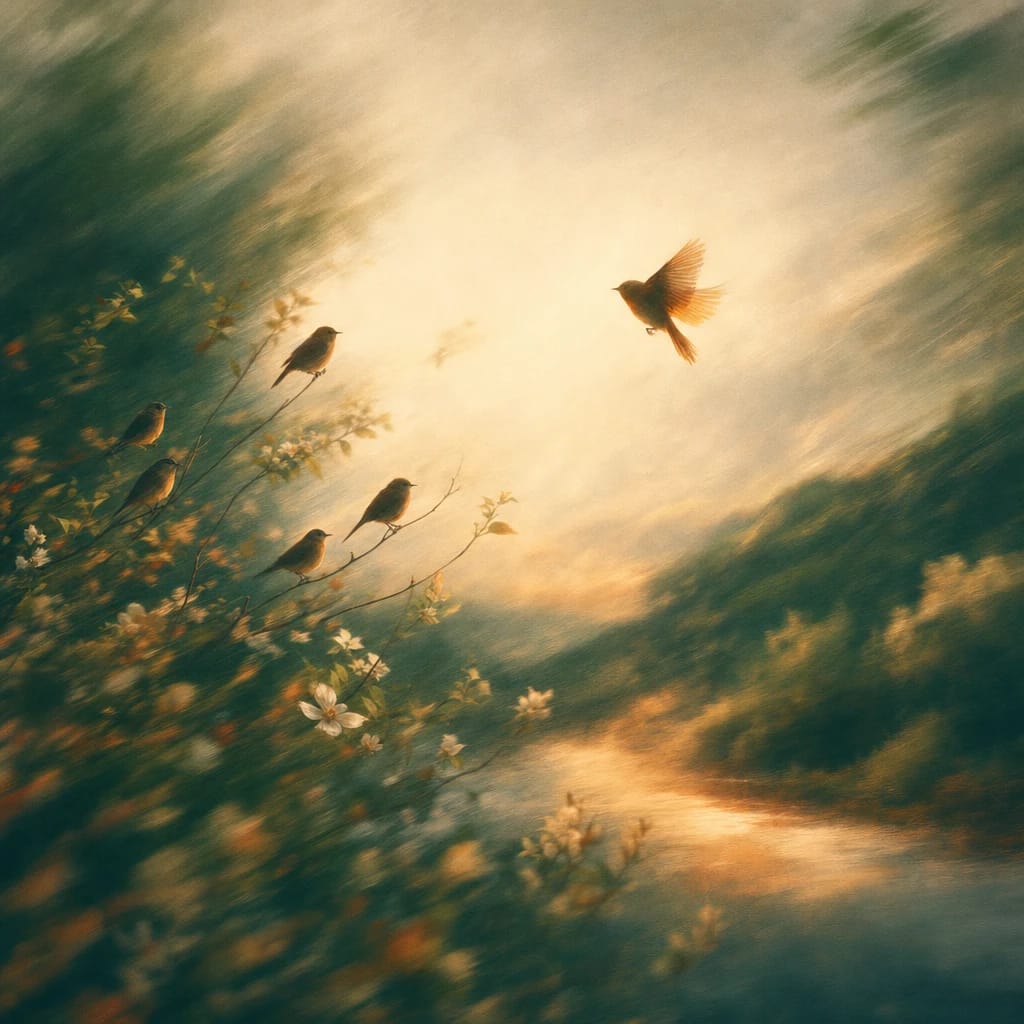 Stylized scene featuring a cluster of songbirds perched on slender branches amid sunlit green foliage, with one bird mid-flight catching warm sunlight, rendered in deep forest green, off-white, and warm orange