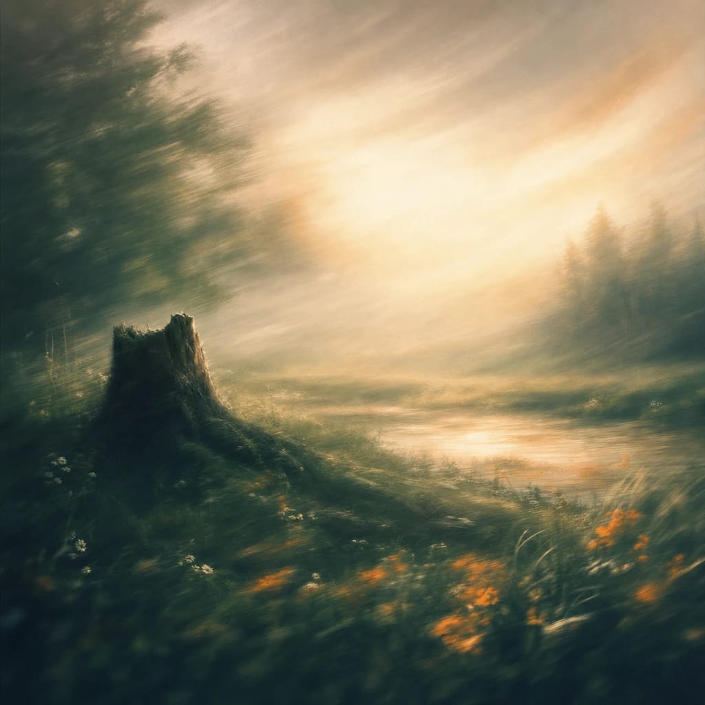 Stylized scene featuring a looming, shadow-cast tree stump at the edge of a sun-dappled forest clearing with trampled undergrowth, rendered in deep forest green, off-white, and warm orange