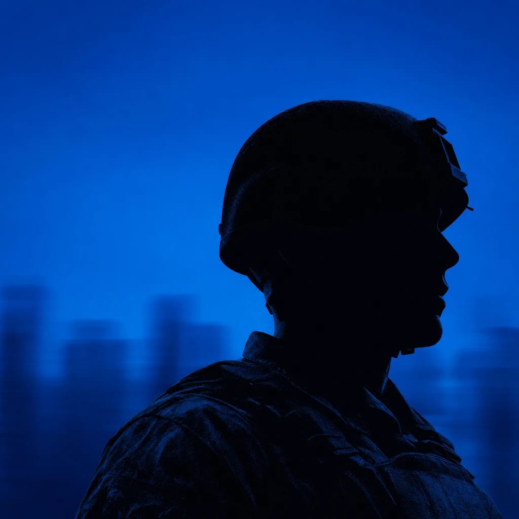 Stylized scene featuring confident soldier in uniform with blurred city backdrop, rendered in #004CB6