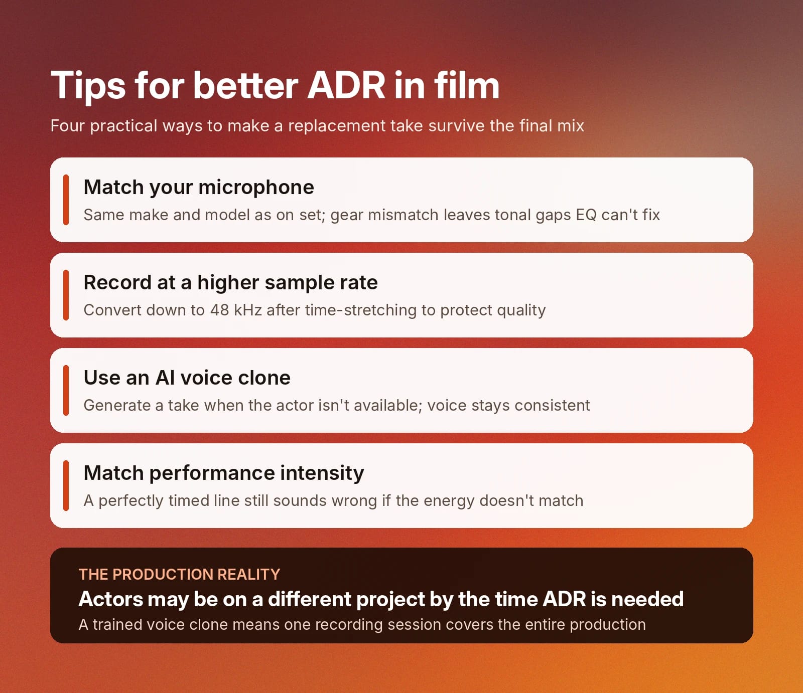 Four ADR in film tips: match microphone, use higher sample rate, clone voice, and match intensity.