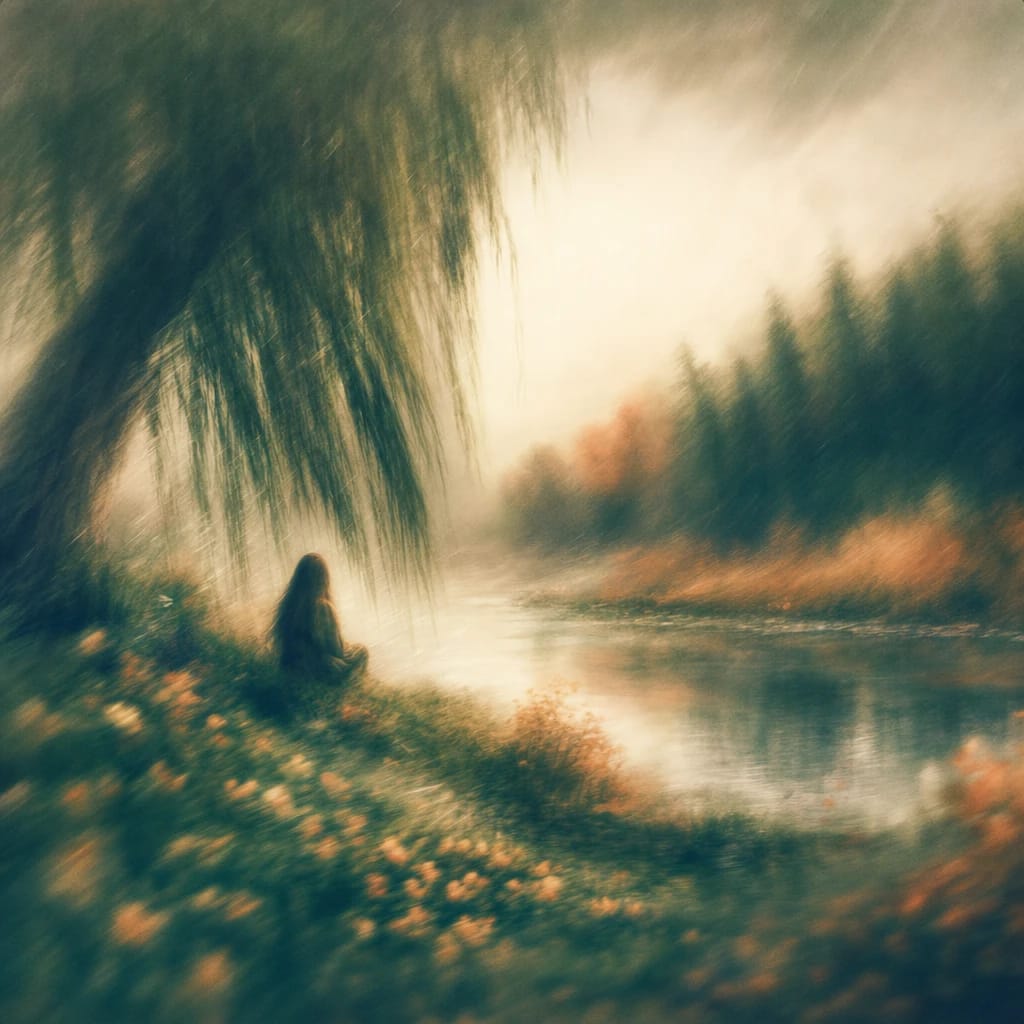 Stylized scene featuring a girl sitting alone under a rain-soaked willow near a quiet forest pond, rendered in deep forest green, off-white, and warm orange