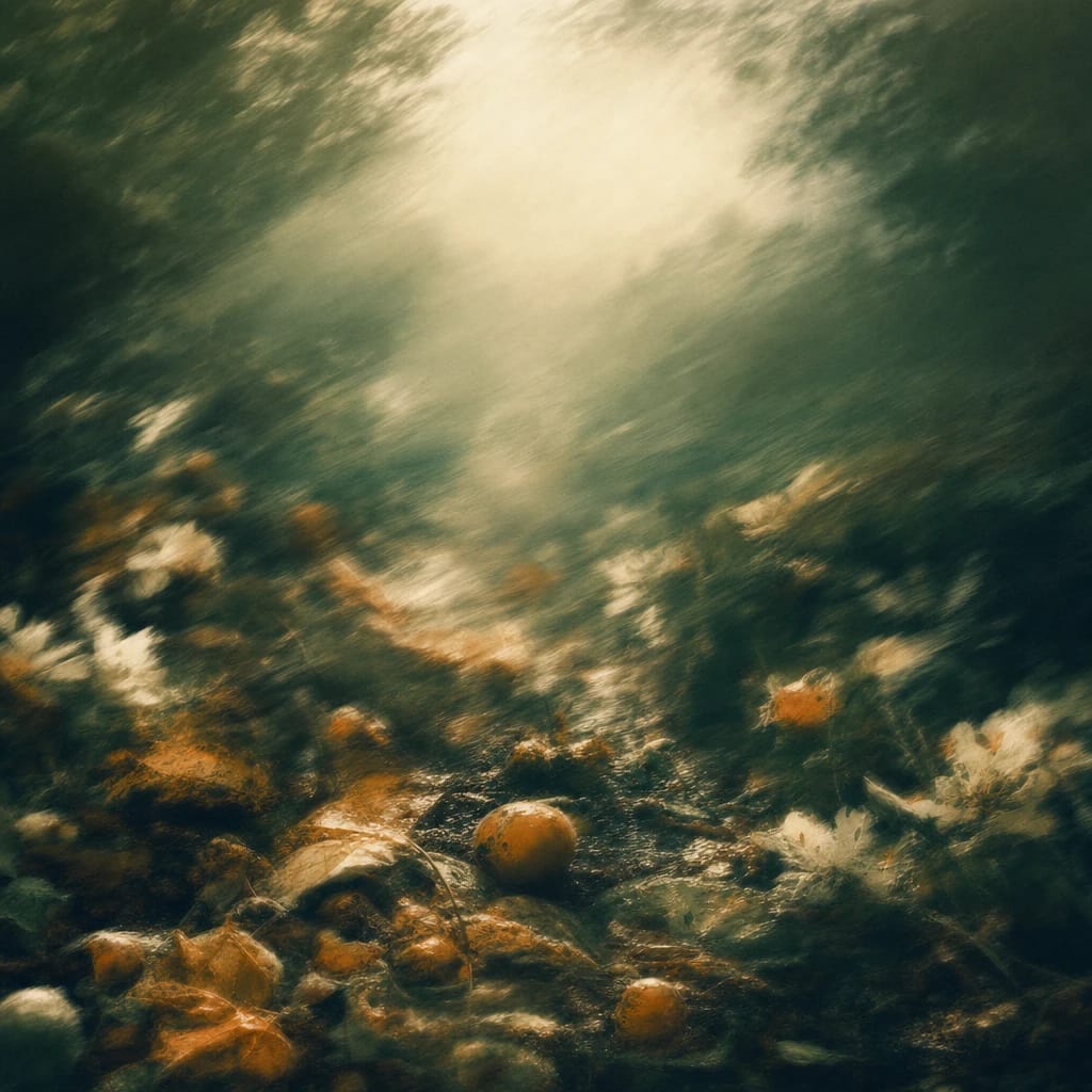 Stylized scene featuring a tangle of rotting leaves and overripe fruit on damp earth beneath darkened woodland canopy, rendered in deep forest green, off-white, and warm orange