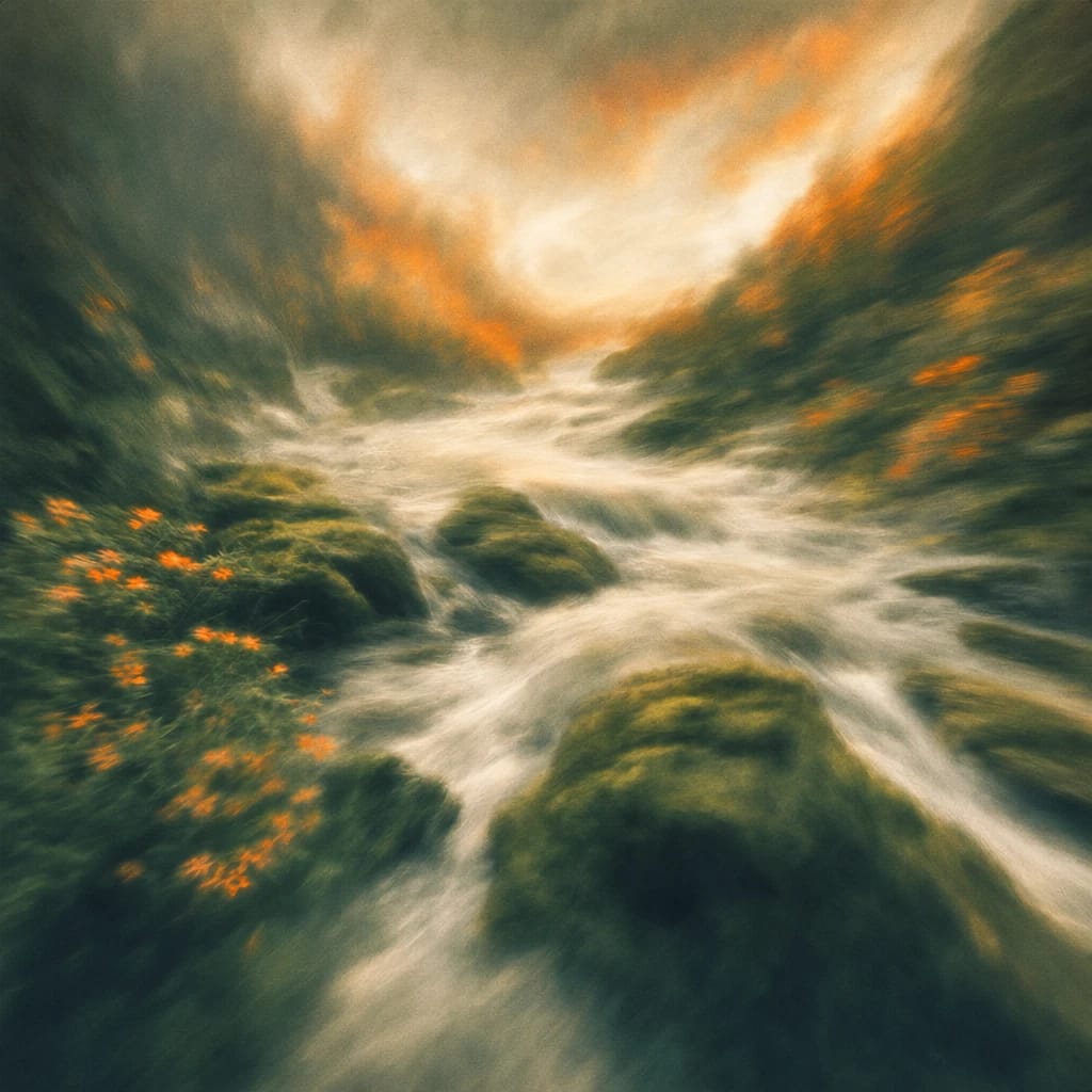 Stylized scene featuring a winding river cascading quickly through mossy forest rocks, water blurred with rushing motion, rendered in deep forest green, off-white, and warm orange