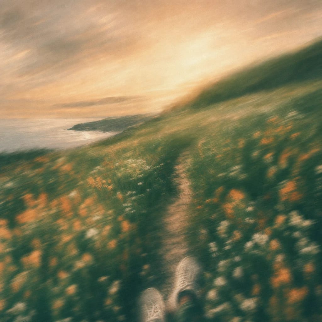 Stylized scene featuring a wildflower-strewn meadow with a narrow dirt path and scuffed sneakers in the grass, rendered in deep forest green, off-white, and warm orange
