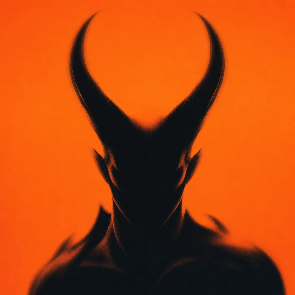 Stylized scene featuring sinister horned demon bust, rendered in #F76D3F