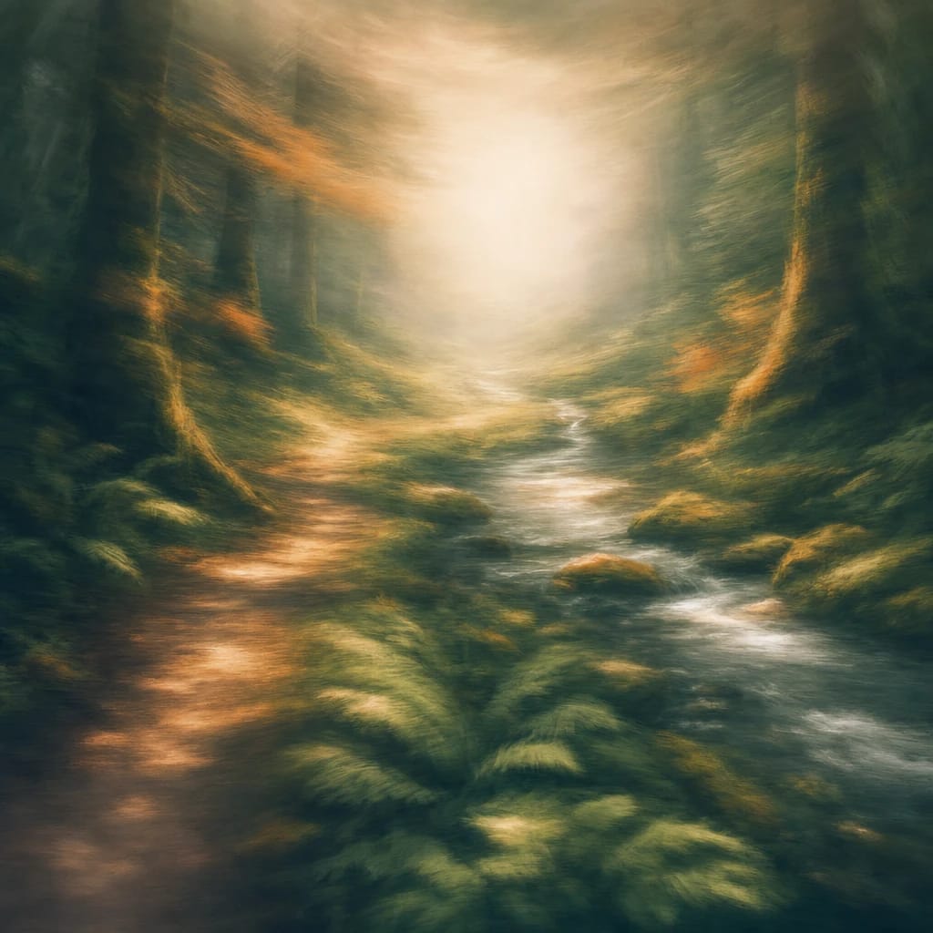 Stylized scene featuring a tranquil path winding through ancient mossy forest, dappled sunlight illuminating ferns and a clear, gently flowing stream, rendered in deep forest green, off-white, and warm orange