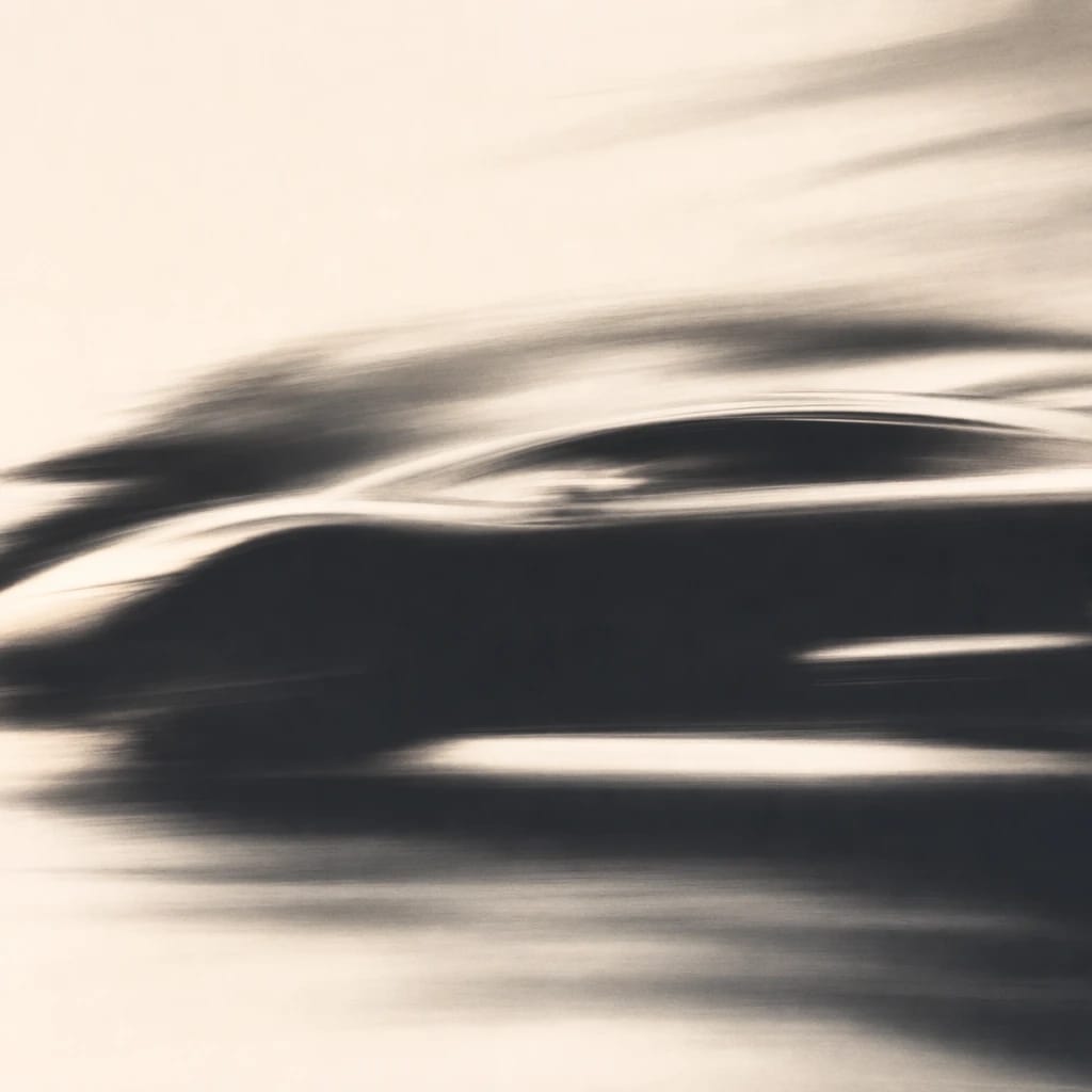 Stylized scene featuring streaking blurred sports car, rendered in blue, gray