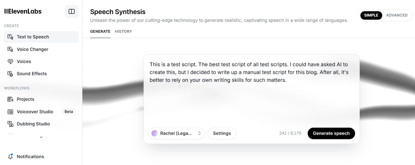 Screenshot of ElevenLabs' Speech Synthesis interface with a test script and options to generate speech.