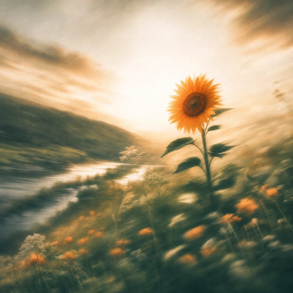 Stylized scene featuring a radiant sunflower standing tall in a sunlit meadow, surrounded by lush green leaves and wildflowers, rendered in deep forest green, off-white, and warm orange