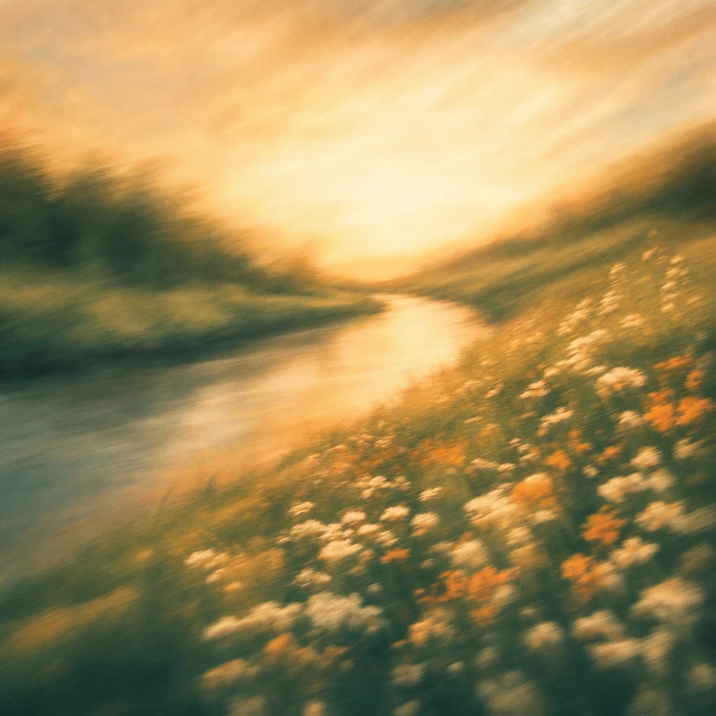 Stylized scene featuring sunlit wildflowers blooming along a gentle riverbank under a golden sky, rendered in deep forest green, off-white, and warm orange