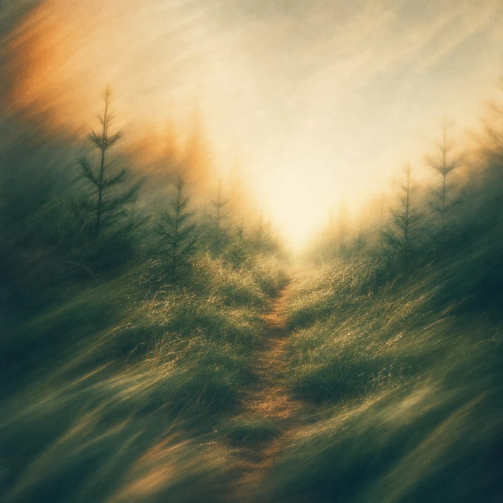 Stylized scene featuring a lone marching path cutting through dew-covered grass, framed by orderly rows of pine saplings and trampled earth, rendered in deep forest green, off-white, and warm orange