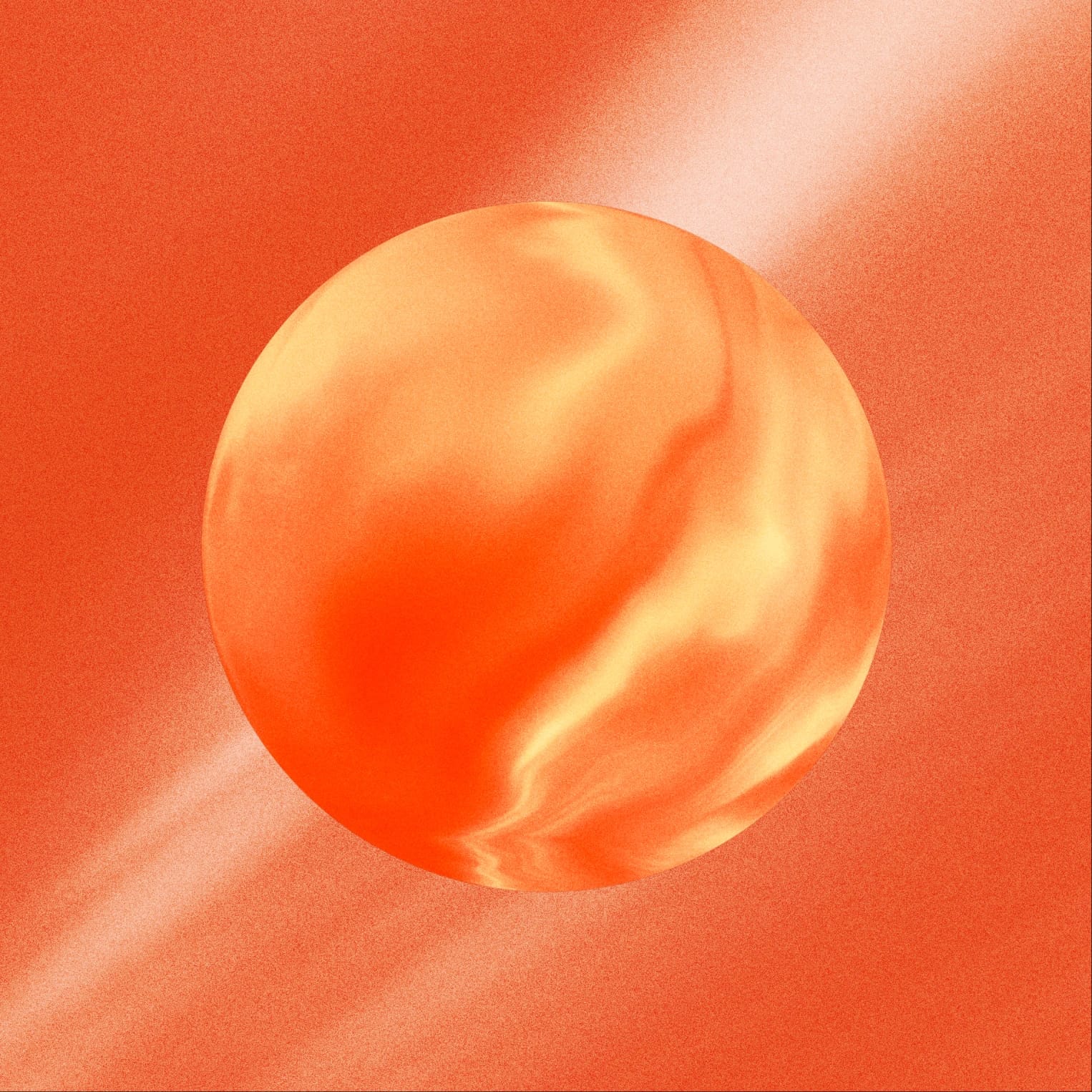 Glowing orange sphere with bright curved streaks against a textured orange background.