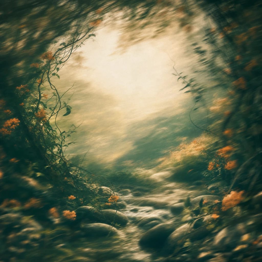 Stylized scene featuring wild vines winding over smooth river stones beneath a loose, tangled canopy, rendered in deep forest green, off-white, and warm orange