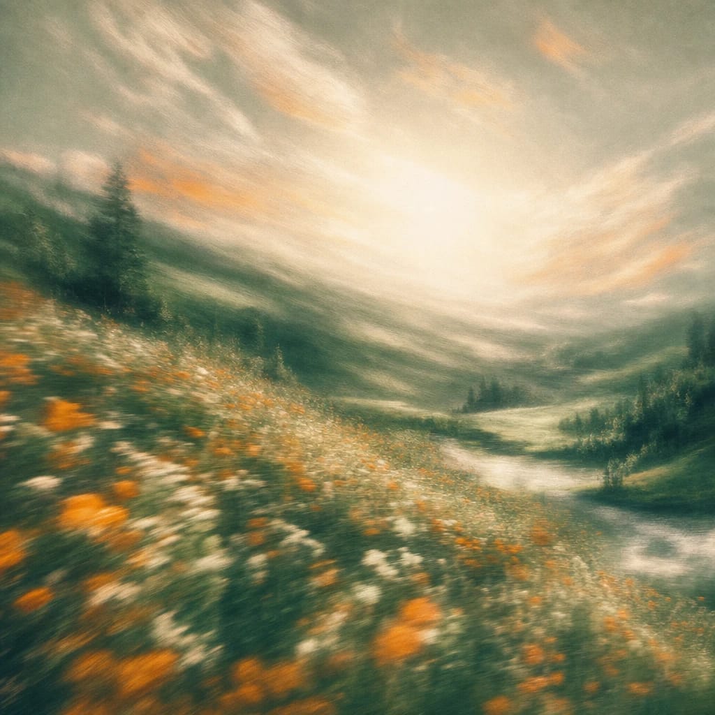 Stylized scene featuring wildflower meadow bursting with vibrant blooms under a sunlit, open sky, rendered in deep forest green, off-white, and warm orange