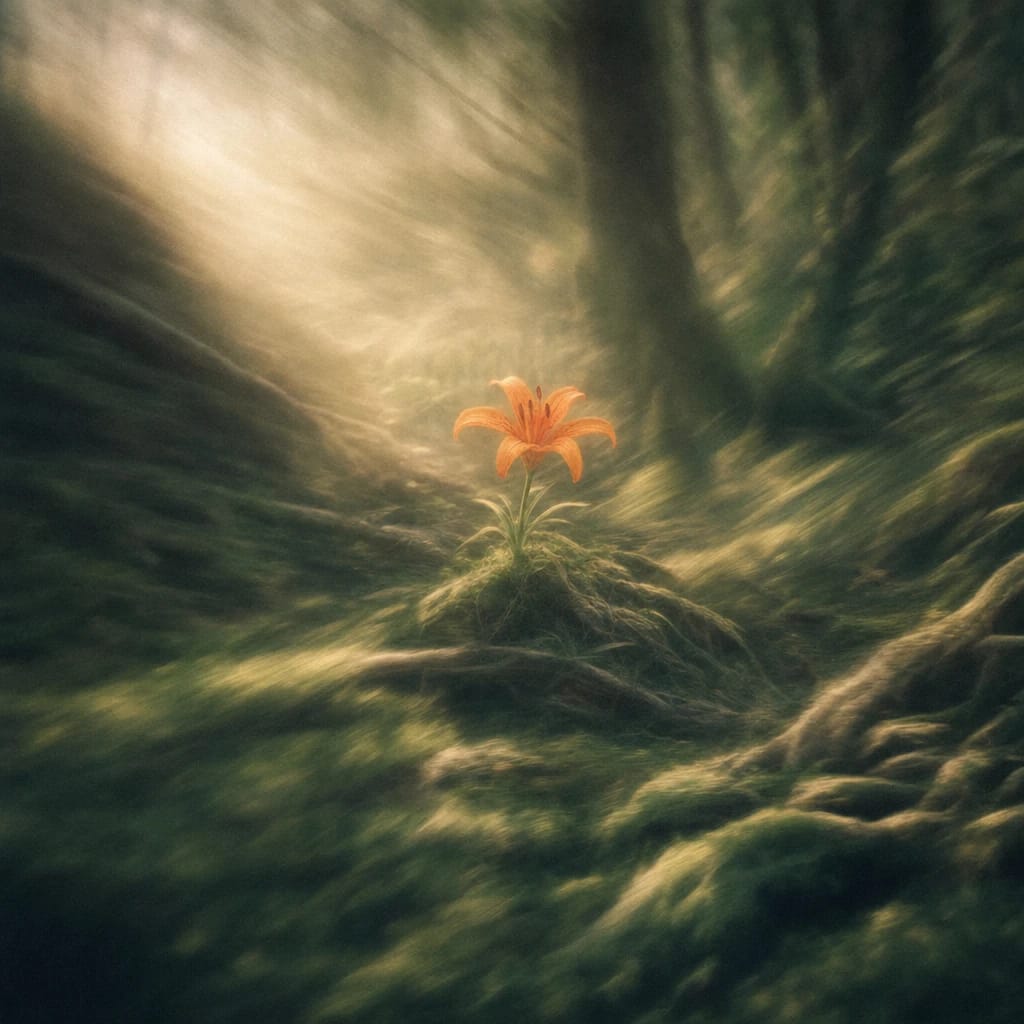 Stylized scene featuring a shadowed forest clearing with tangled roots and a single, vibrant orange lily illuminated at the center, rendered in deep forest green, off-white, and warm orange