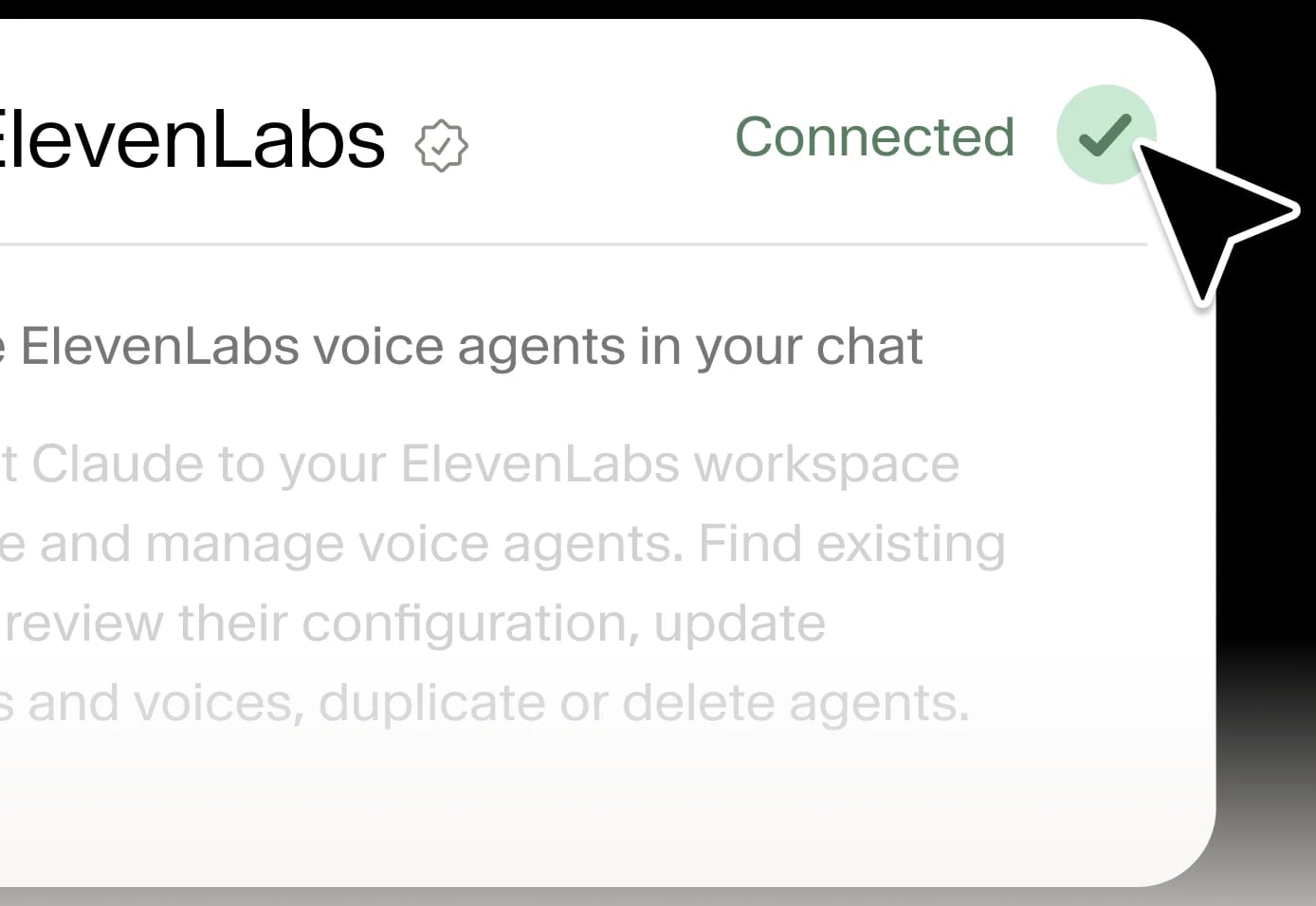 ElevenLabs voice agents integration connected, indicated by a green checkmark.