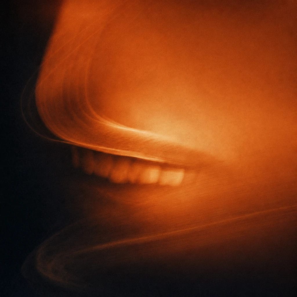 Stylized scene featuring side profile of a grinning mouth with a dimple, half-obscured in shadow, rendered in burnt orange #C94A18