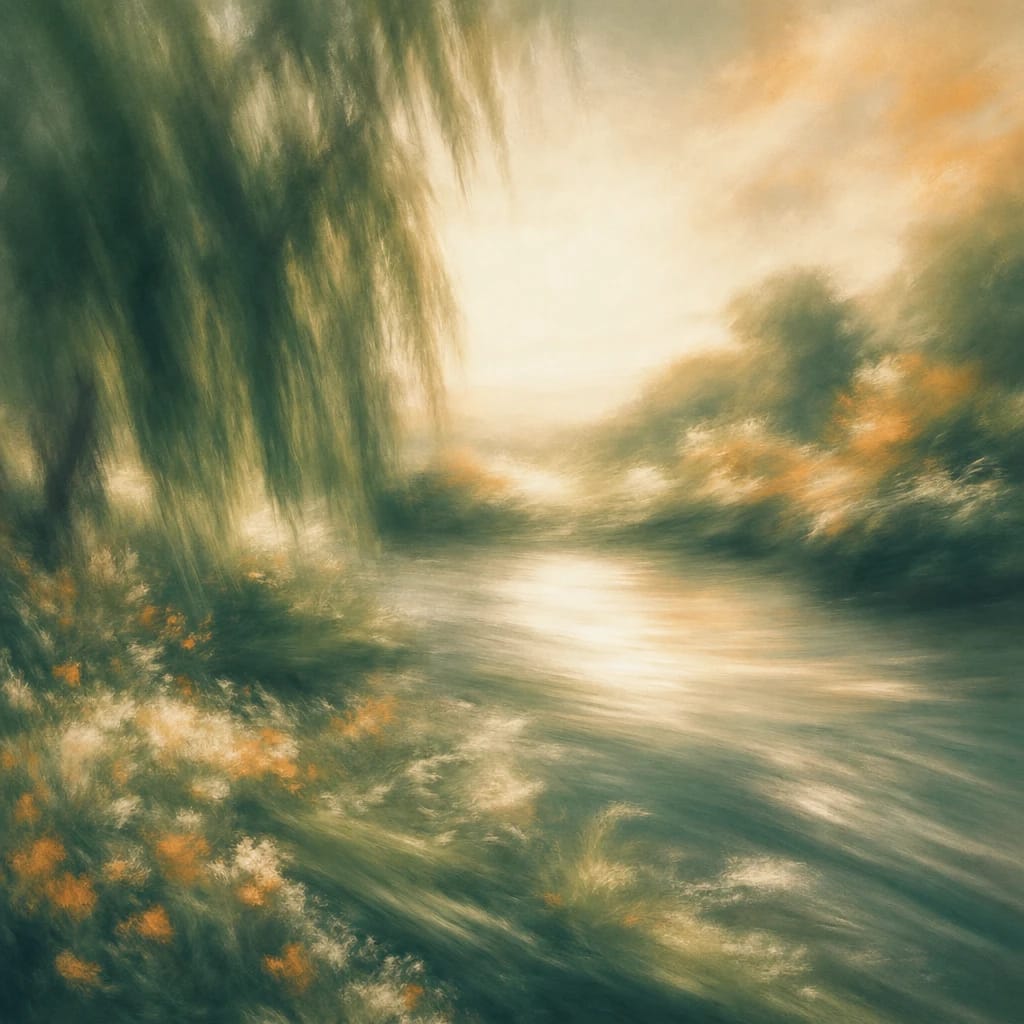 Stylized scene featuring a gently winding river shaded by leafy willows with soft sunlight glinting off the water, rendered in deep forest green, off-white, and warm orange