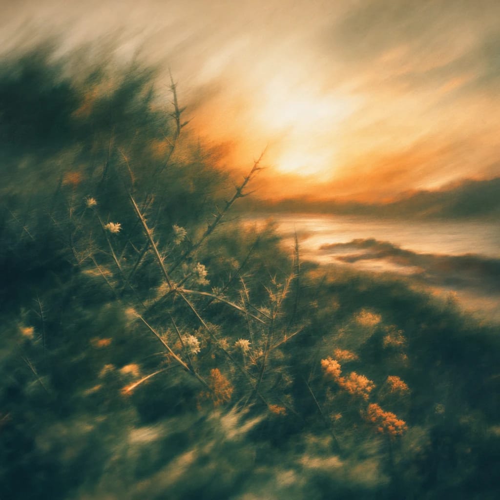 Stylized scene featuring dense thicket of thorny underbrush with sharp branches lit by a low, warm sunset, rendered in deep forest green, off-white, and warm orange