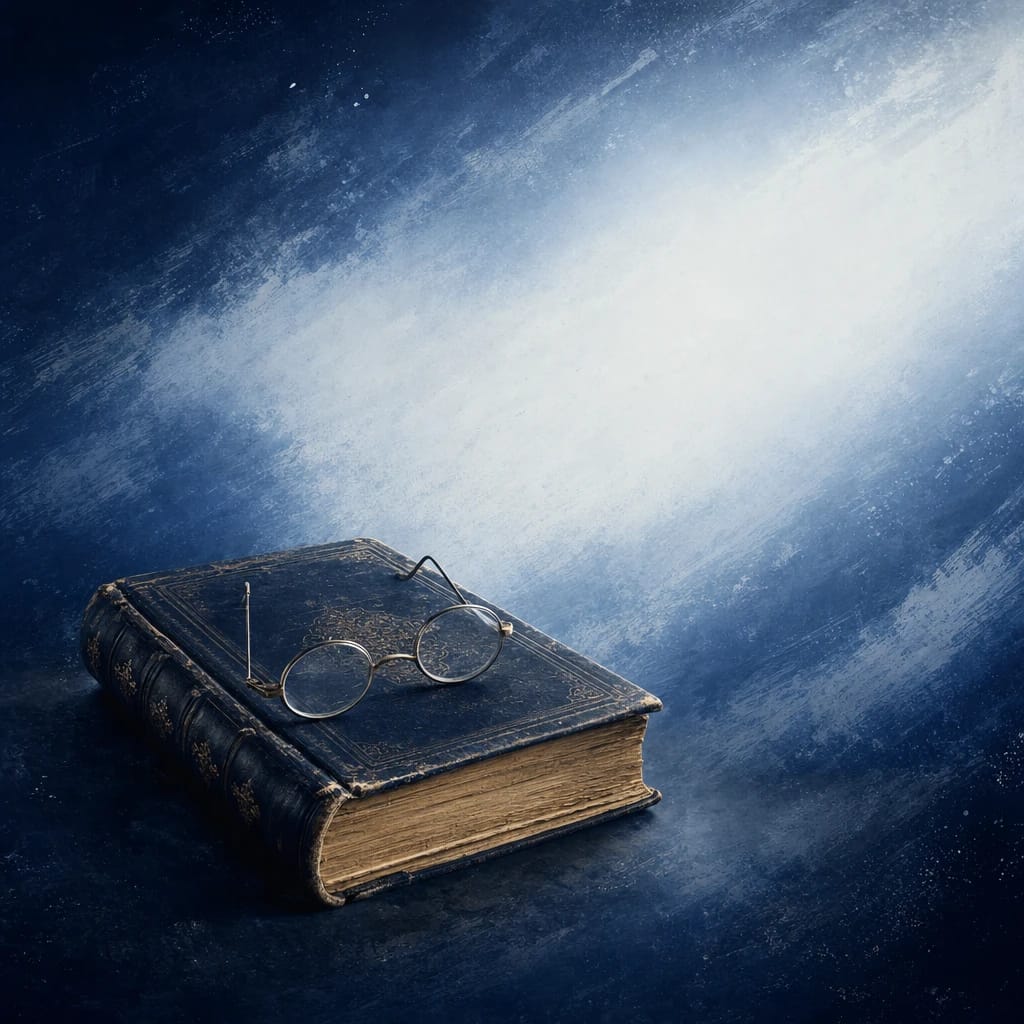 Stylized scene featuring vintage book with storytelling glasses, rendered in #DFE8F3 and #020A2F