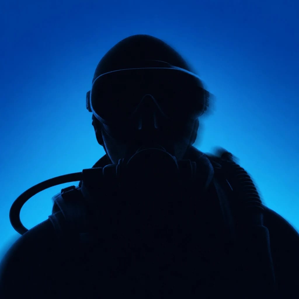 Stylized scene featuring mysterious diver in shadowy scuba gear, rendered in #004CB6