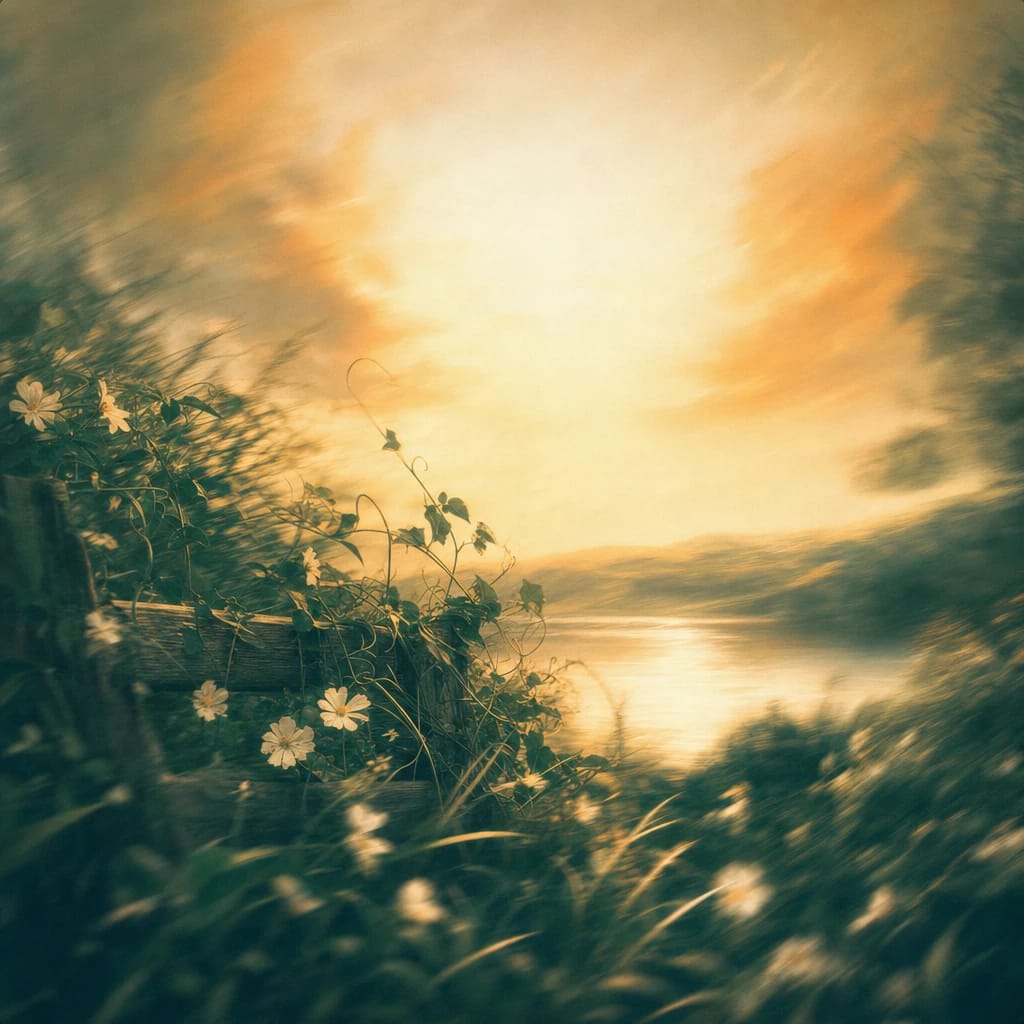 Stylized scene featuring tightly coiled wild vines climbing over an old wooden fence at sunrise, rendered in deep forest green, off-white, and warm orange