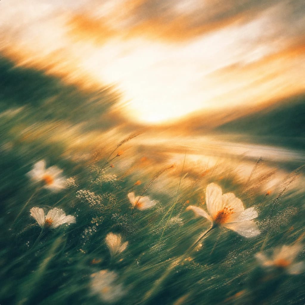 Stylized scene featuring a wildflower meadow at sunrise with dew-dappled grass and soft, open petals facing the light, rendered in deep forest green, off-white, and warm orange