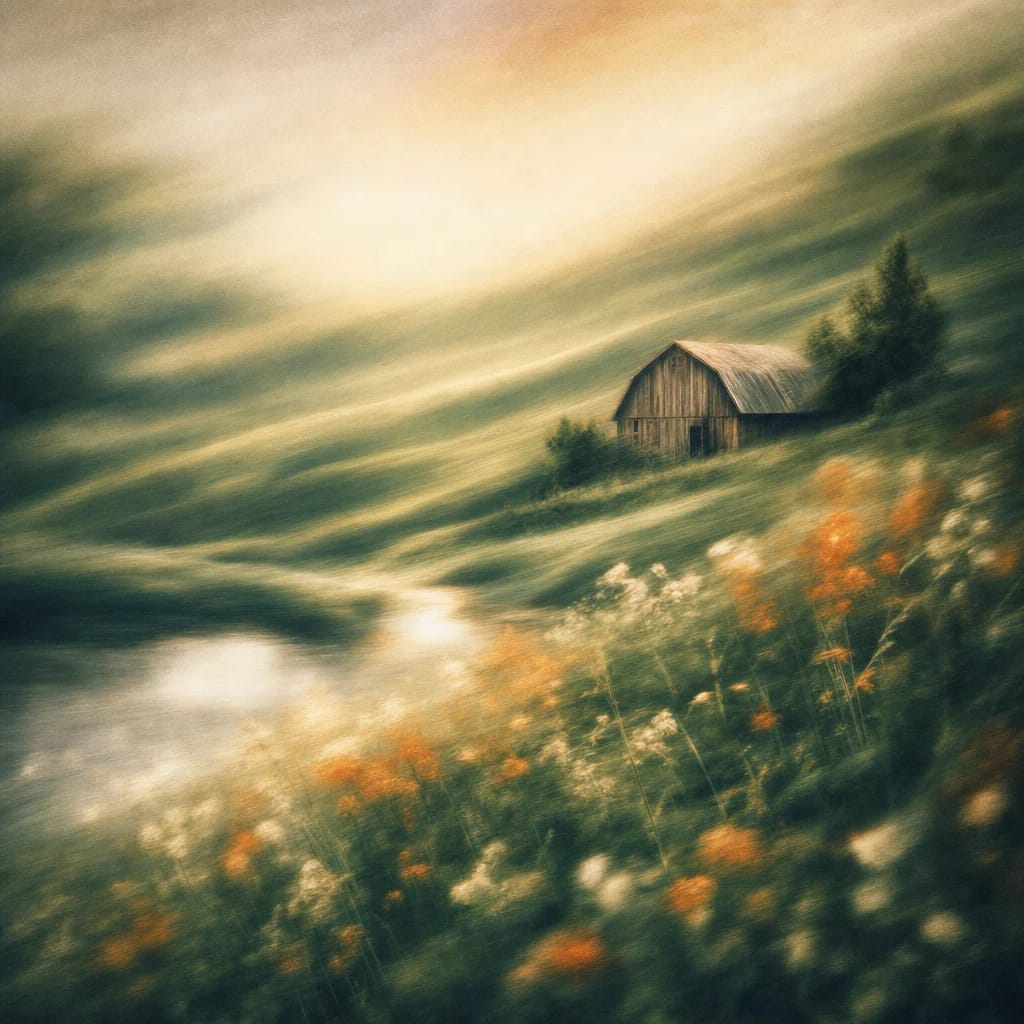 Stylized scene featuring a rustic wooden barn nestled among rolling green hills with wildflowers and tall grass in the foreground, rendered in deep forest green, off-white, and warm orange