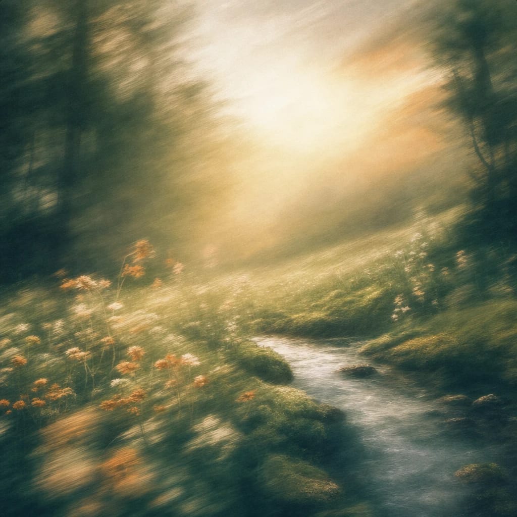 Stylized scene featuring a serene woodland glade with sunlight filtering onto soft moss and wildflowers, rendered in deep forest green, off-white, and warm orange