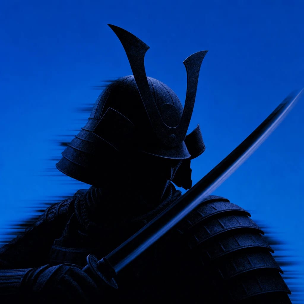 Stylized scene featuring samurai in traditional armor, katana drawn, rendered in #004CB6