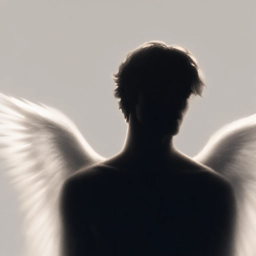 Stylized scene featuring softly glowing angel with white wings, rendered in #D7D5D5