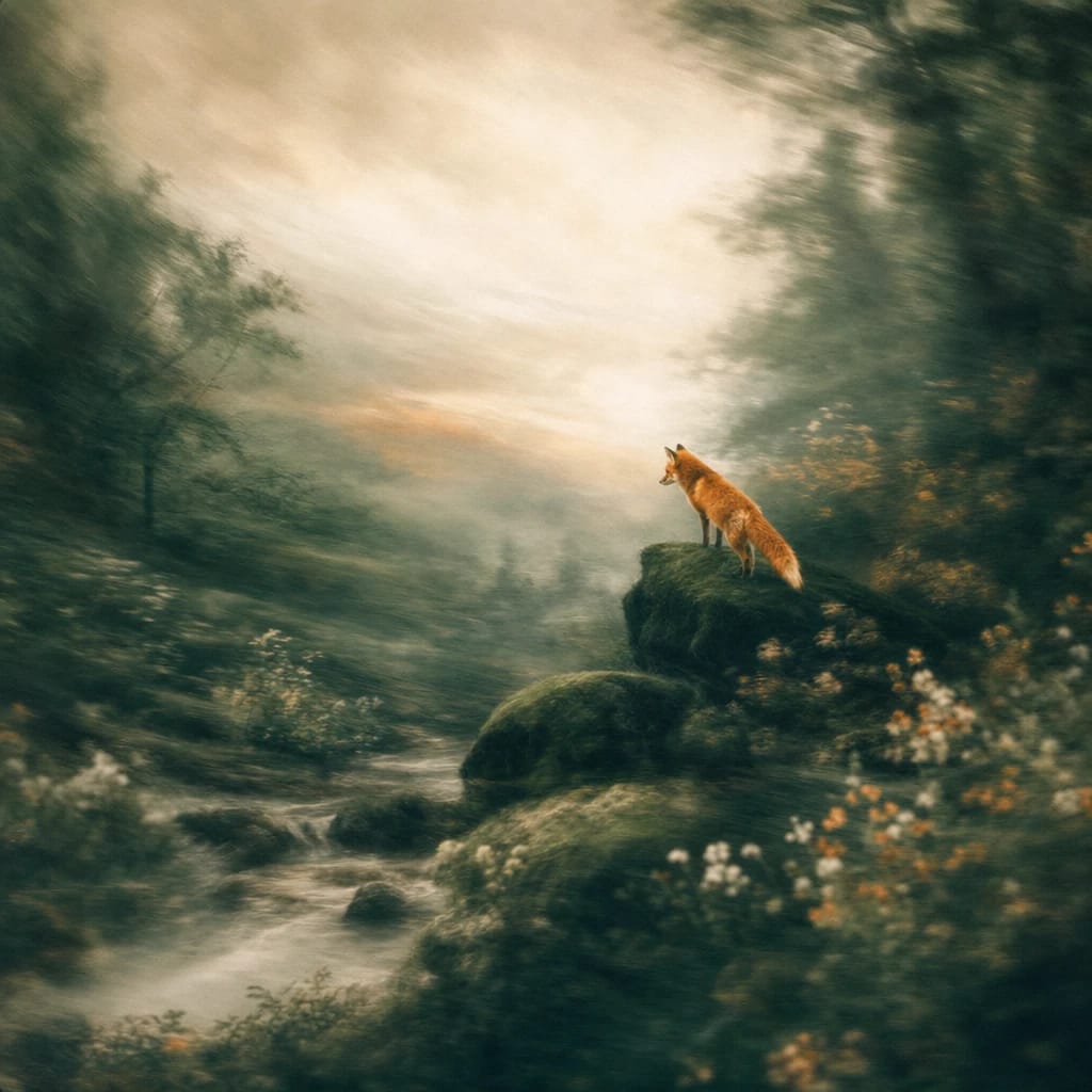 Stylized scene featuring a lone fox poised on mossy stones amid dense, shadowed forest foliage, rendered in deep forest green, off-white, and warm orange
