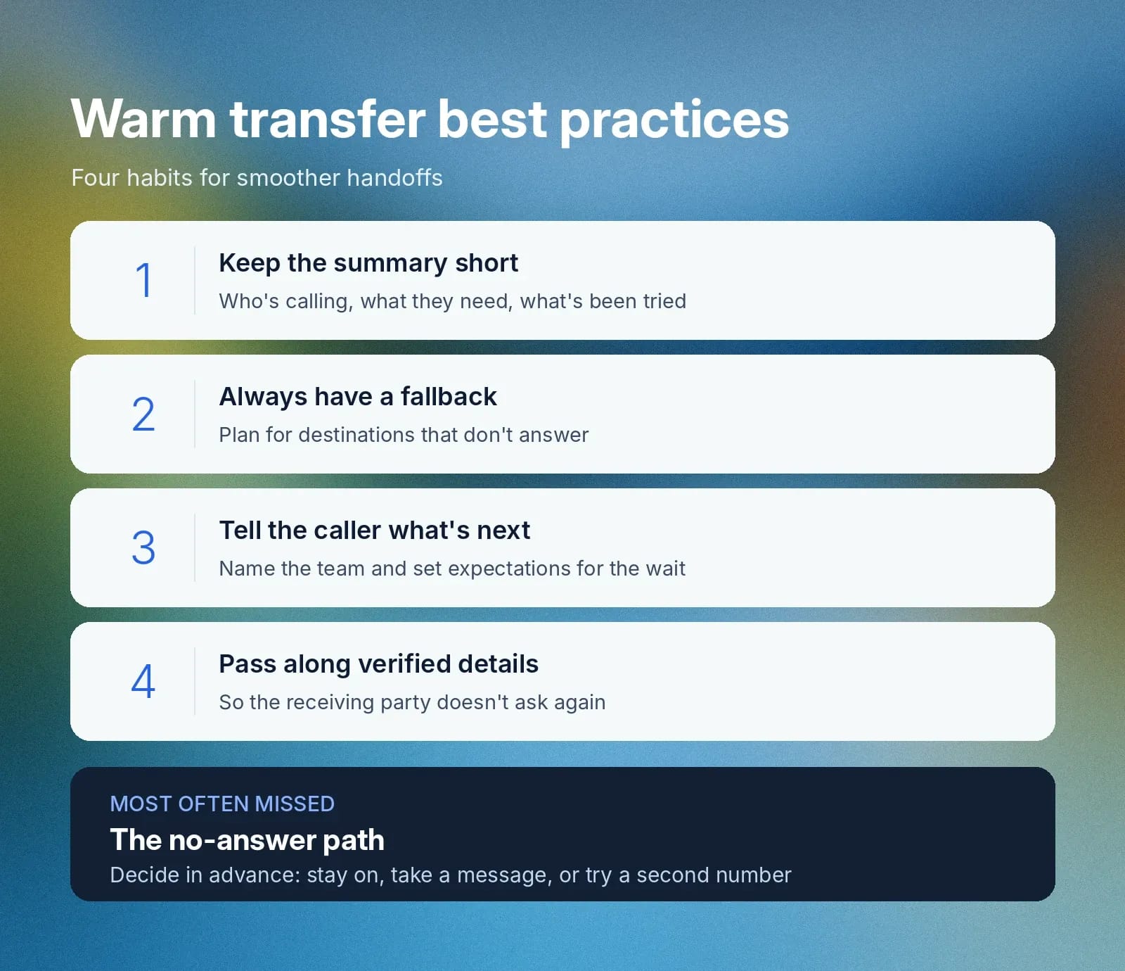 Warm transfer best practices: four handoff habits and a no-answer fallback.