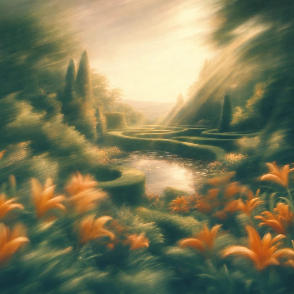 Stylized scene featuring a lush, elegantly manicured garden hedge maze with blooming orange lilies and sunbeams filtering through sculpted foliage, rendered in deep forest green, off-white, and warm orange