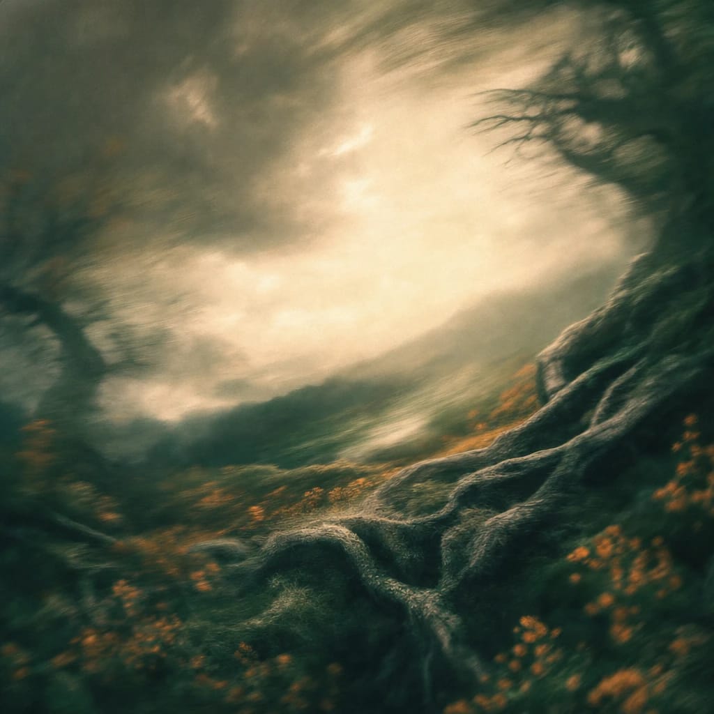 Stylized scene featuring gnarled tree roots twisting over mossy, shadowed earth beneath a brooding sky, rendered in deep forest green, off-white, and warm orange