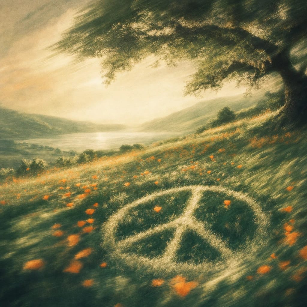 Stylized scene featuring a sunlit wildflower meadow dotted with orange poppies, trailing beneath a sprawling oak, with a peace symbol woven into the grass in the foreground, rendered in deep forest green, off-white, and warm orange