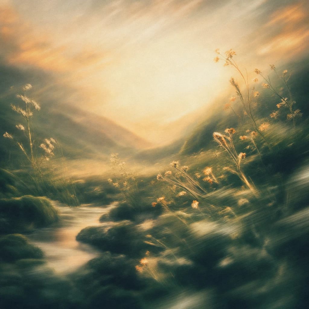 Stylized scene featuring a glade of tall, twisting wildflowers glowing in dawn light amid mossy stones, rendered in deep forest green, off-white, and warm orange