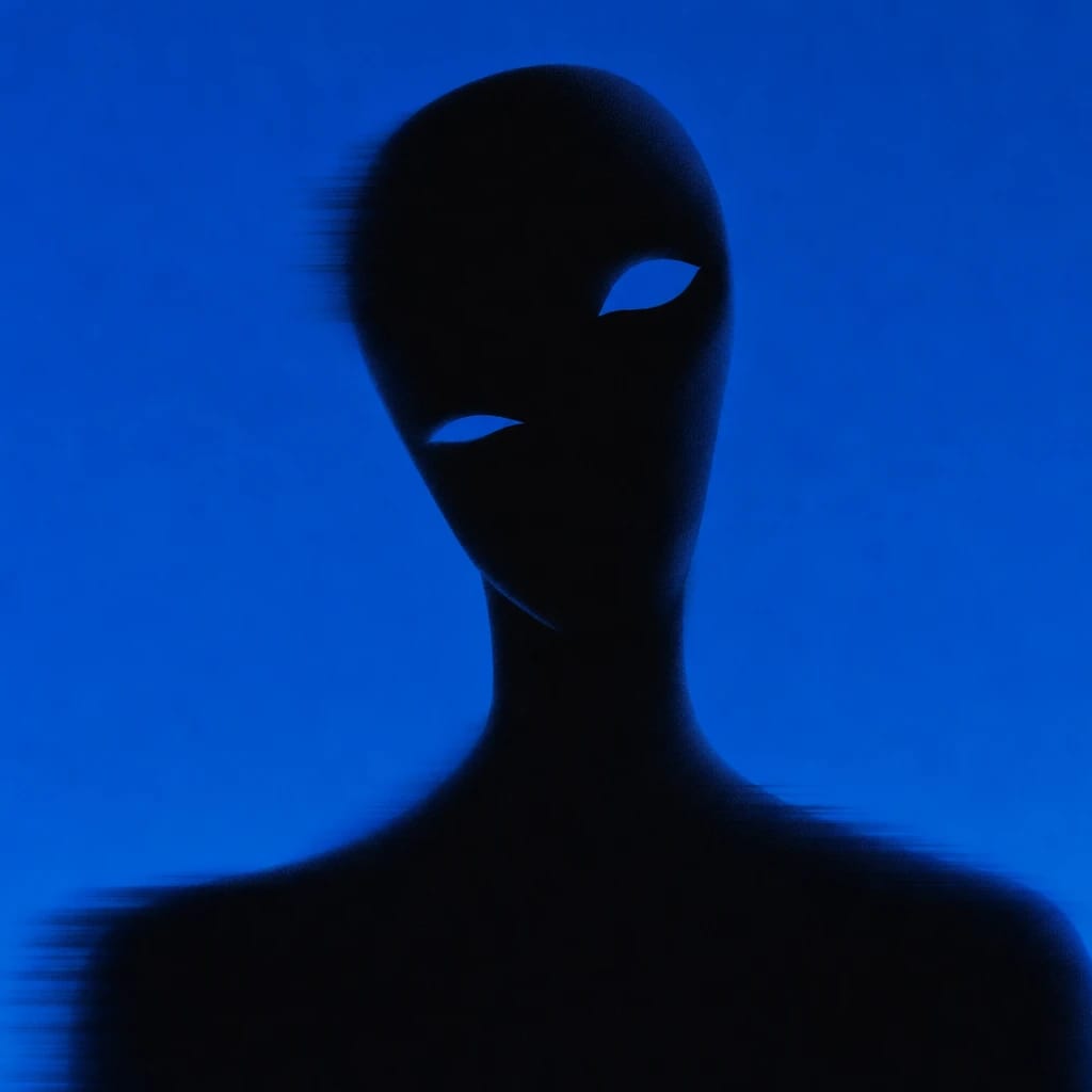 Stylized scene featuring surreal, elongated humanoid figure with asymmetrical eyes, rendered in #004CB6