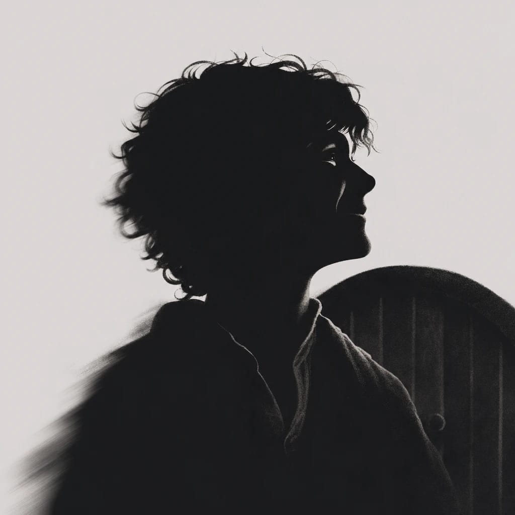 Stylized scene featuring cheerful hobbit with curly hair and round door, rendered in #D7D5D5