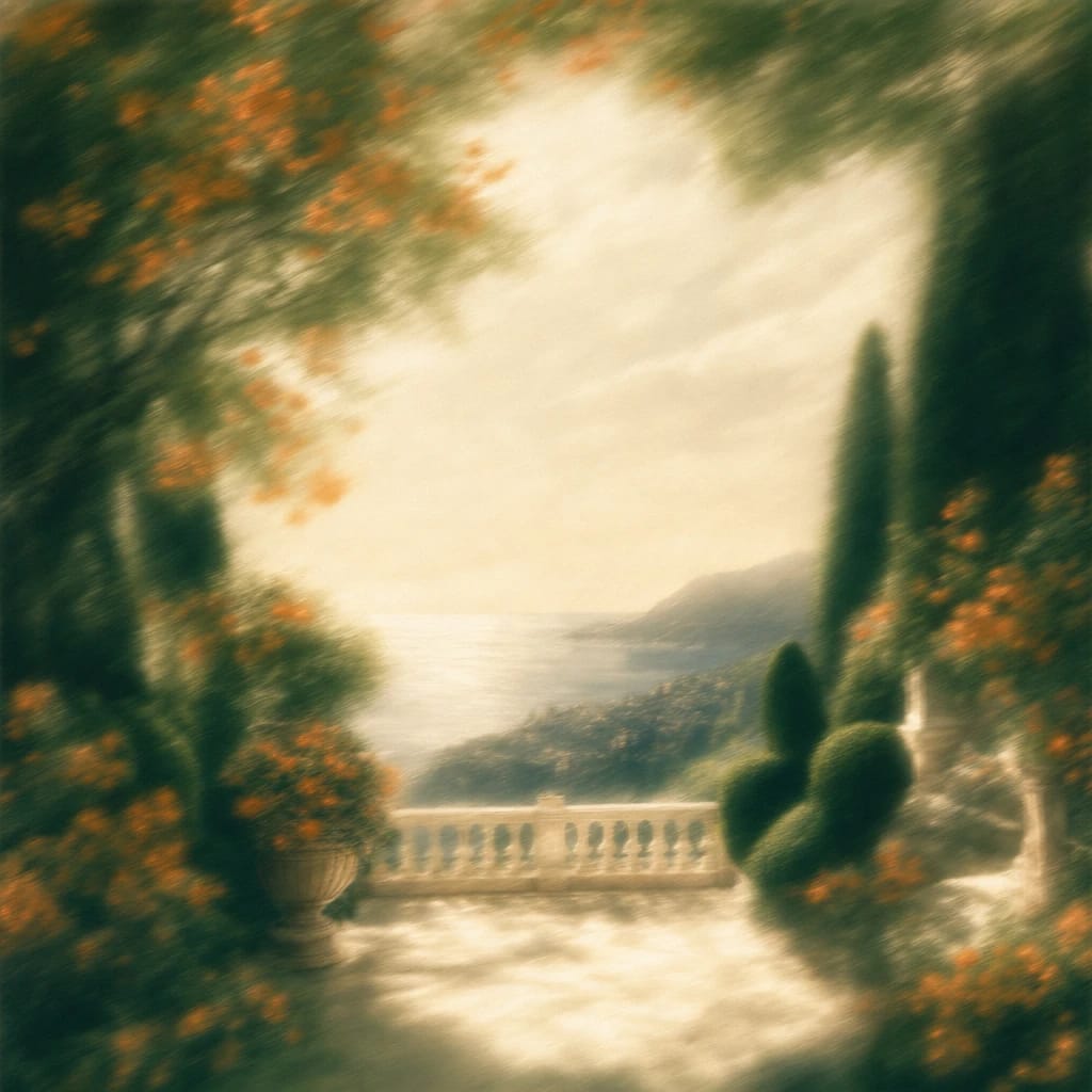 Stylized scene featuring sun-dappled marble terrace with lush, sculpted topiaries and flowering vines, rendered in deep forest green, off-white, and warm orange